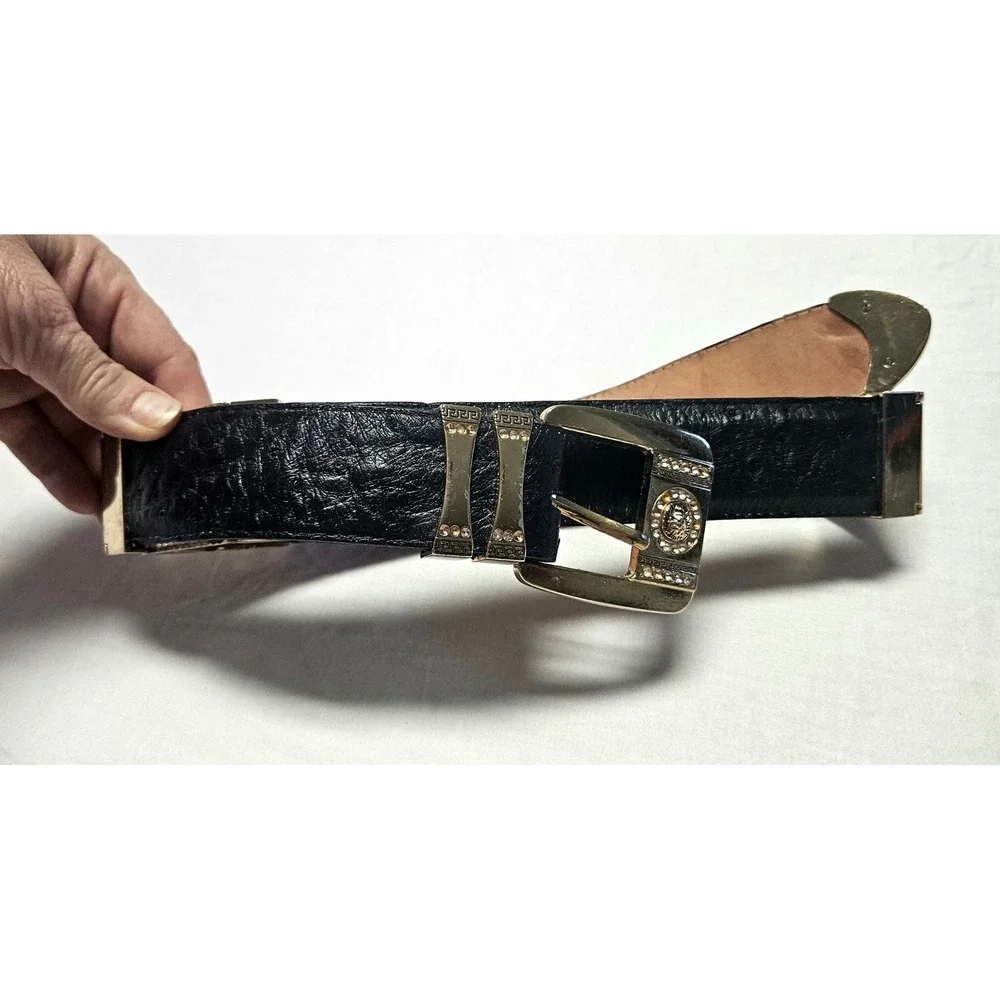 El General Ostrich Leather Belt Mens 32 Black Gold Lion Rhinestone Western Luxe